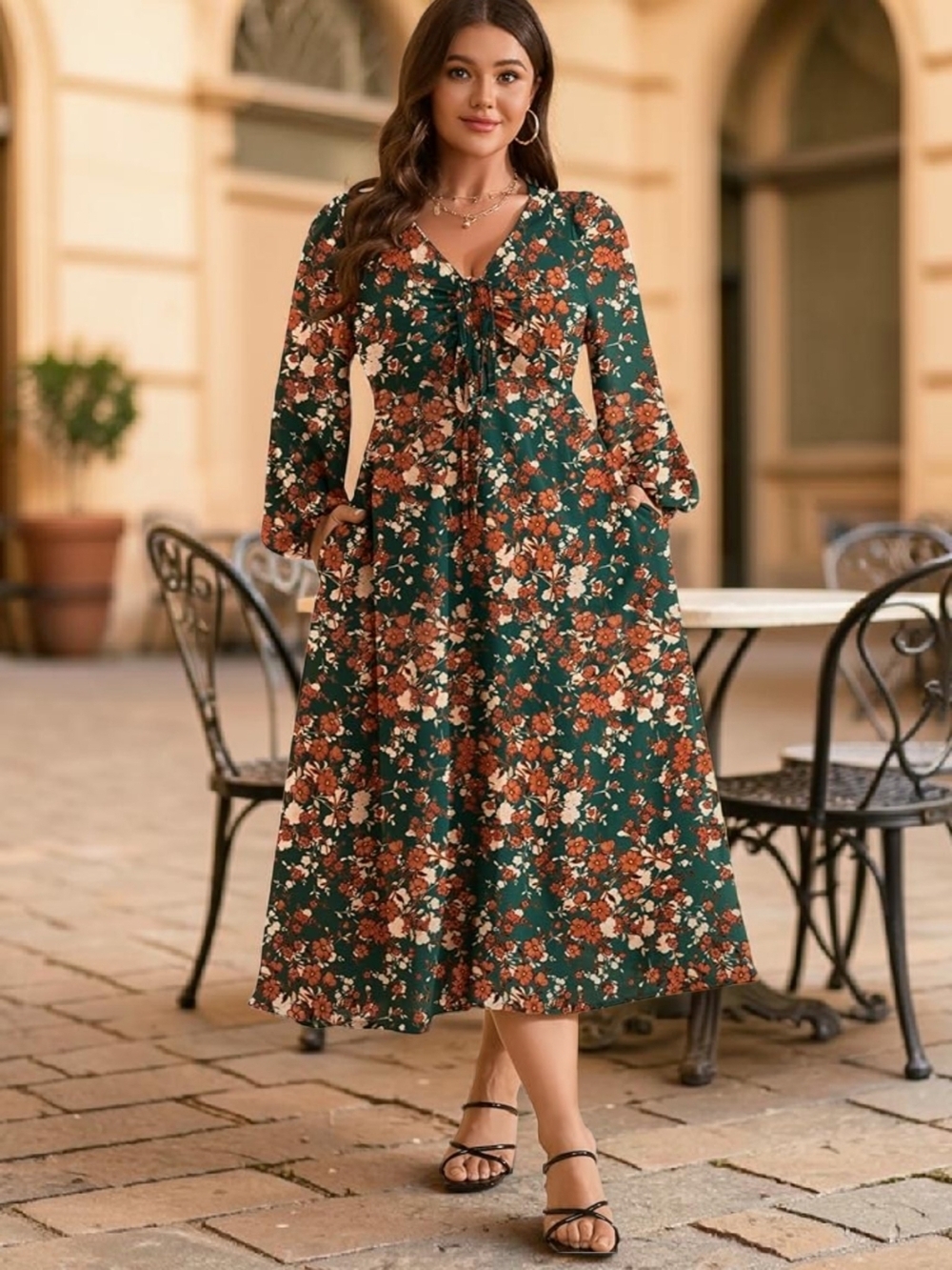 RWJ - XL Floral V-Neck Long Sleeve Midi Dress - Green Floral